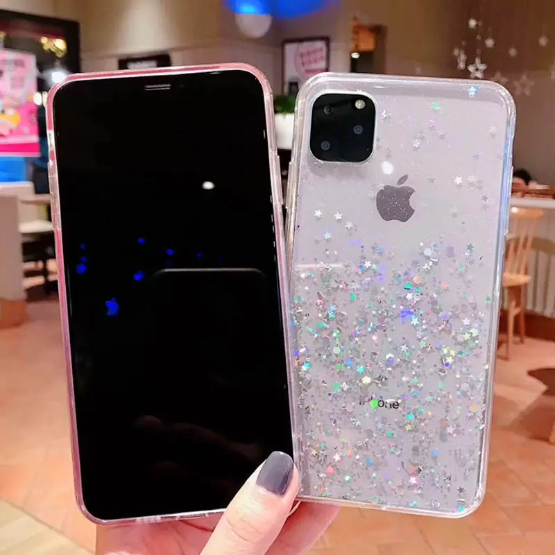 Блестящий силиконовый чехол со звездами для iPhone 11 Pro X XR XS Max 7 8 6 6s Plus Прозрачный