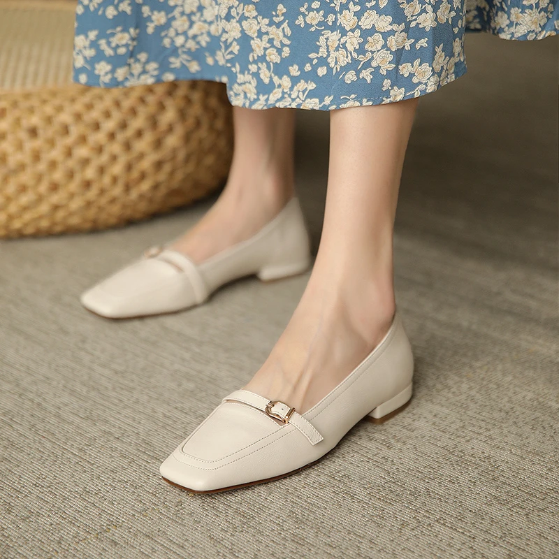 

CONASCO Casual Low Heels Women Pumps Concise Buckle Genuine Leather 2021 Spring New Square Toe Working Shoes Woman Classic