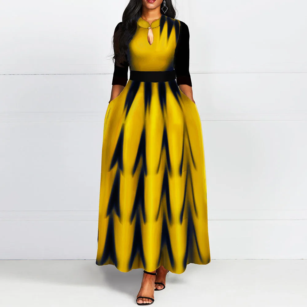 Длинное желтое платье А силуэта в африканском стиле элегантные весенние платья - Фото №1