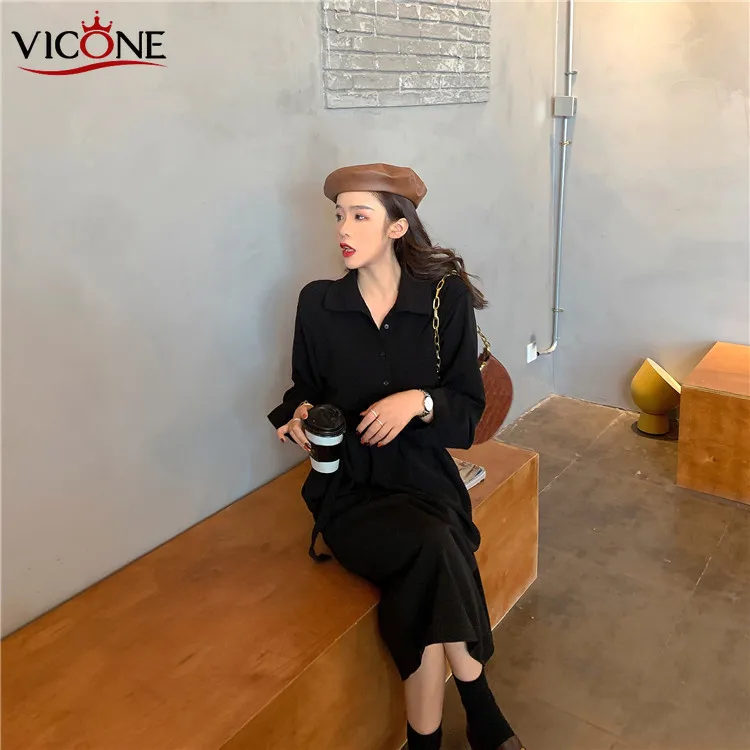

VICONESolid Rolled Long Sleeve Shirt Sundress Elegant Loose Maxi Long Dress Plus Size