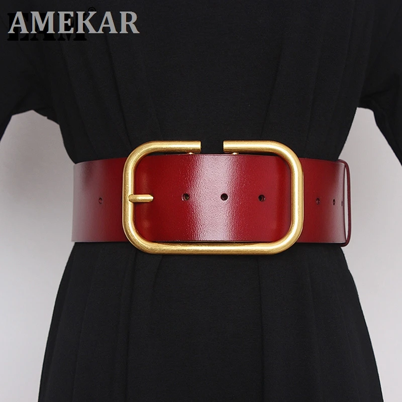 

Pu Leather Big Buckle Split Joint Long Wide Belt Personality Women New Fashion Tide All-match Spring Autumn 2021