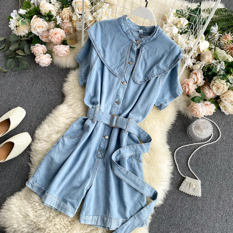 Summer shawl Short Rompers For Women Denim Jumpsuit Jeans short sleeve buttons front Jumpsuits | Женская одежда