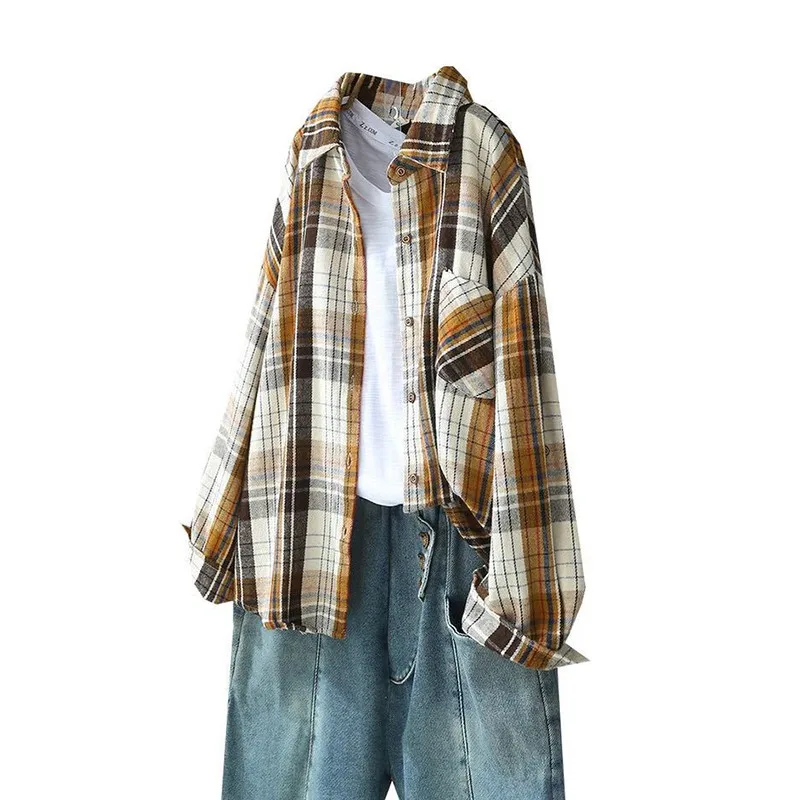 

Casual Female Plaid Shirt Autumn New Loose Jackets Women Long Sleeve Vintage Blouse Coats Jacket Harajuku Outerwear Womens