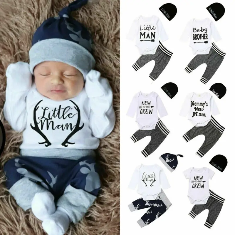 

3Pcs Newborn Infant Baby Boy Girl Long Sleeve Letter Print Romper Top Pants Tracksuit Outfit Clothes 0-18M