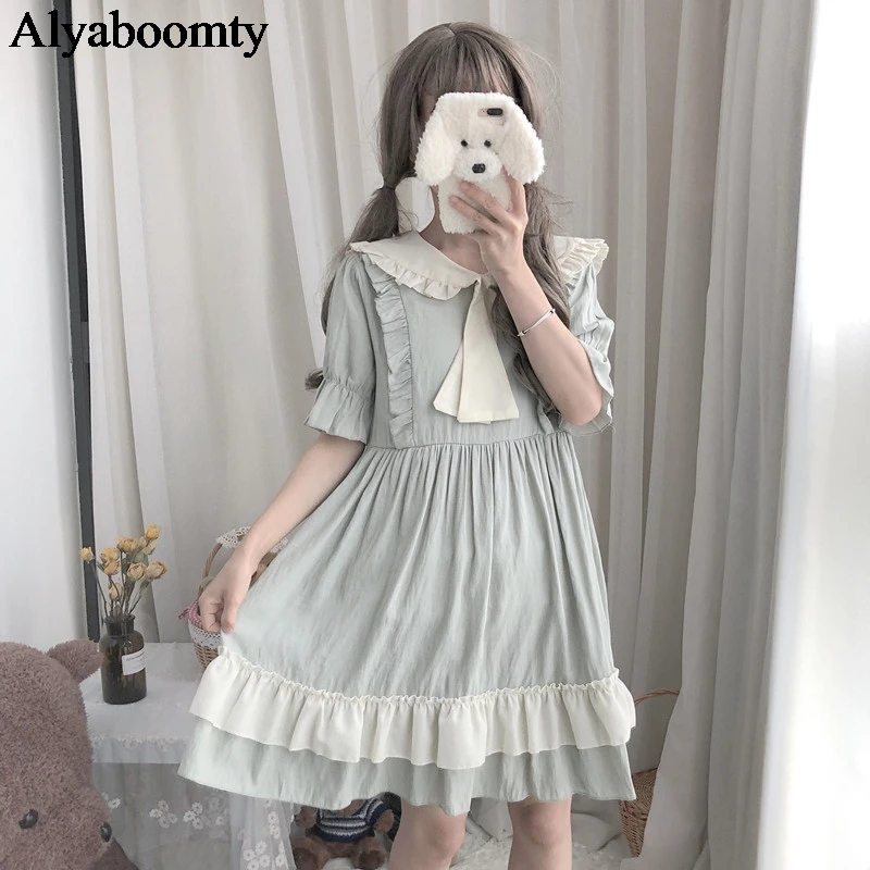 

Japanese Lolita Style Summer Women Cute Dress Peter Pan Collar With Bow Soft Sister Dress Short Sleeve Tiered Ruffles Girl Dress