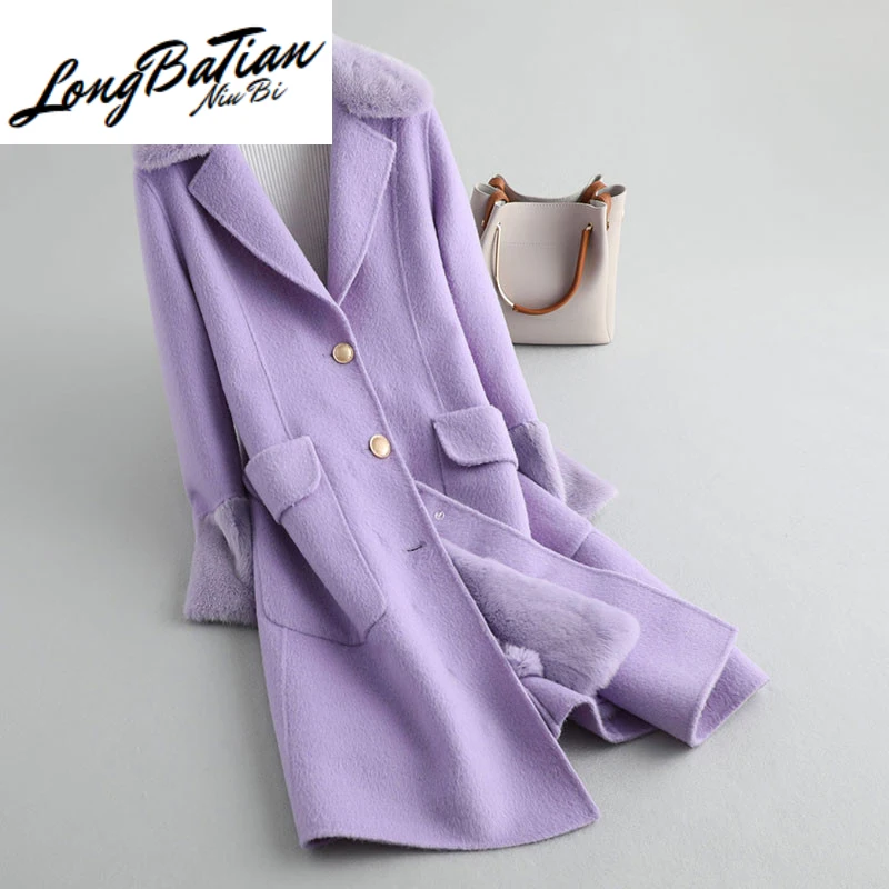 Натуральное Женское пальто из 100% шерсти с кроличьим подкладом зимняя женская