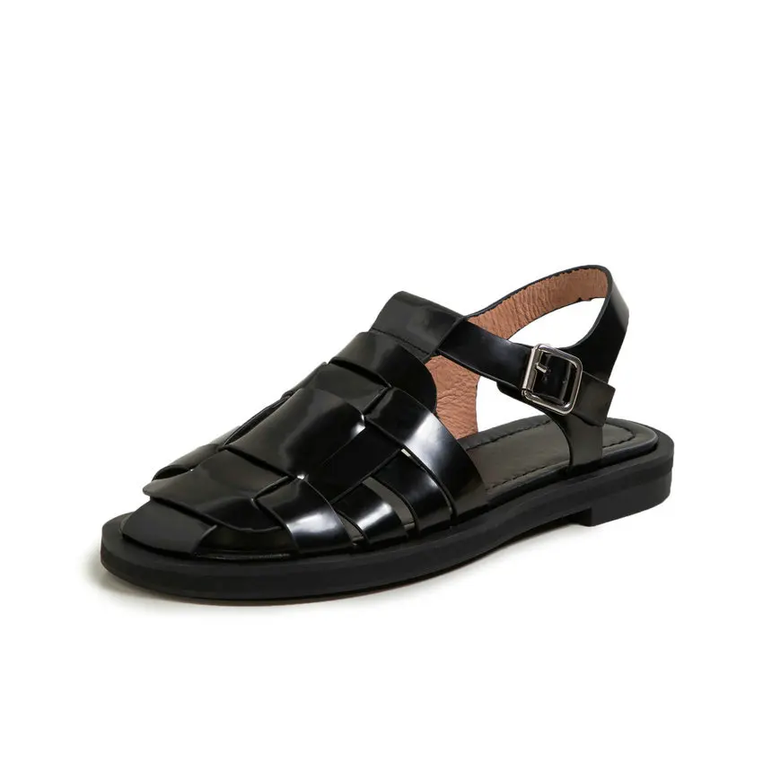 

ESVEVA 2021 Women Buckle Flat Heel Casual Rome Sandals Cow Patent Leather Elegant Summer Round Toe Female Shoes Size 34-40