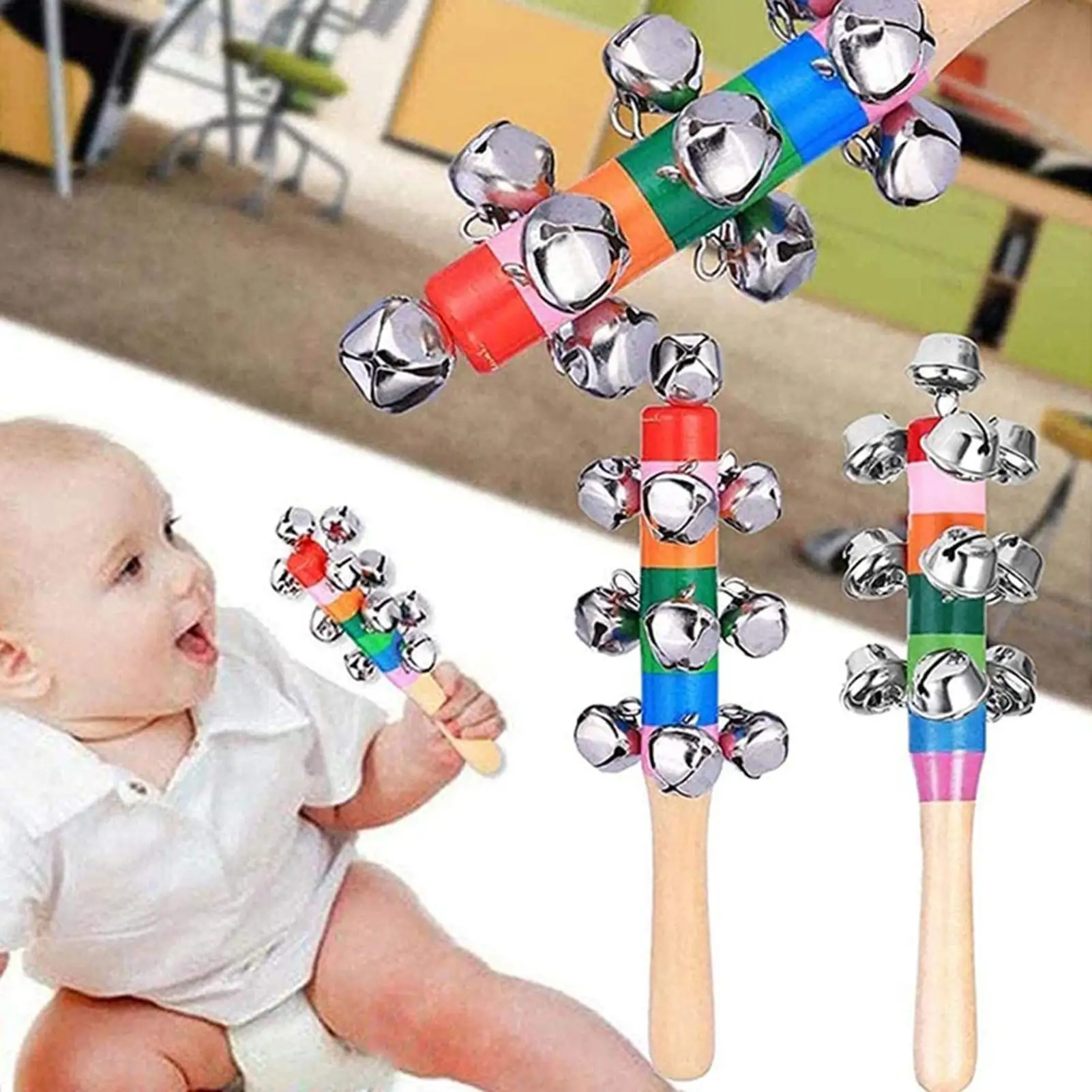 

Hot Sale 1pcs Cute Wooden Stick Rainbow Hand Shake Bell Baby Rattles Jingle Bells Infant Shaker Rattle Ring Educational Toy Gift