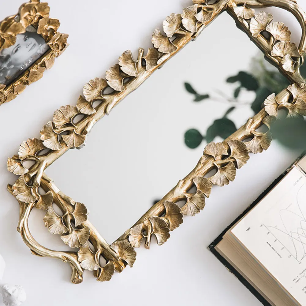 

1Pc Rectangular Gingko Leaf Retro Carved Tray Mirror Tea Fruit Dessert Coffee Dessert Table Storage Tray(Golden)