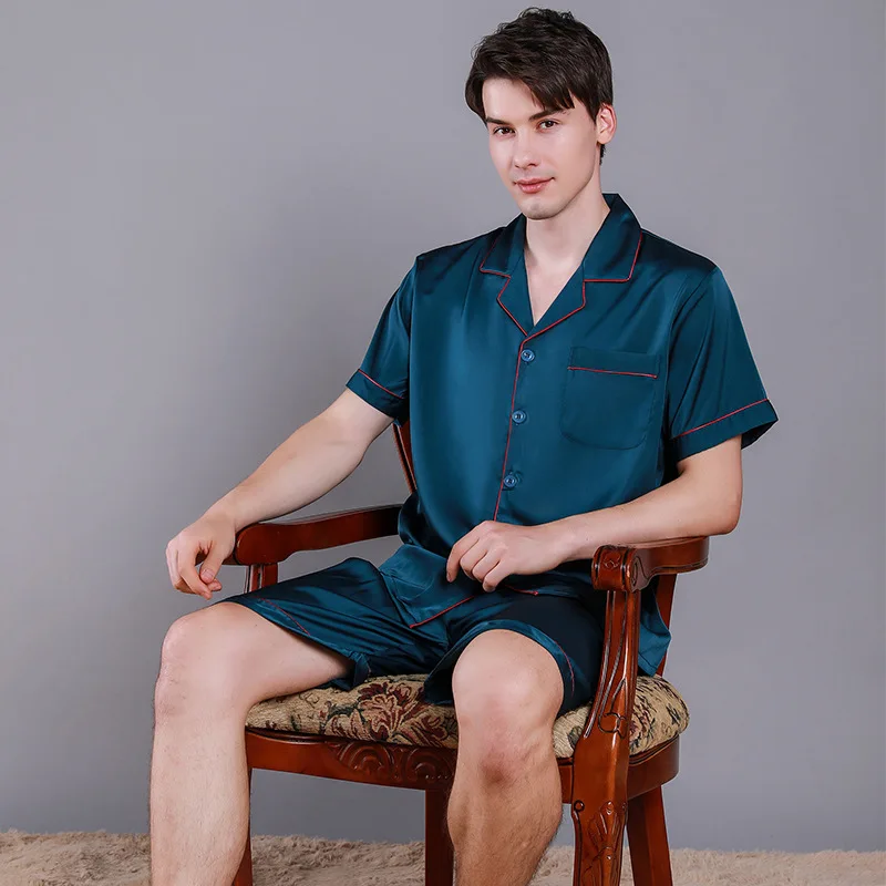 Fashion Men's Silk Satin Pajama Set Solid Color Short Sleeve Button T-Shirt Top with Elastic Belt Boxer Shorts Pajamas%100