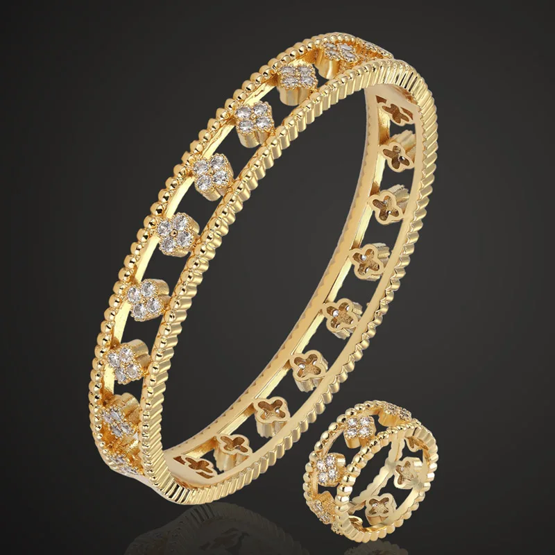 gold white Zlxgirl, роскошный бренд, простой AAA кубический циркон, браслет и кольцо, ювелирный набор, свадебный браслет, Пара подарков, Сумка - Окраска металла: gold white