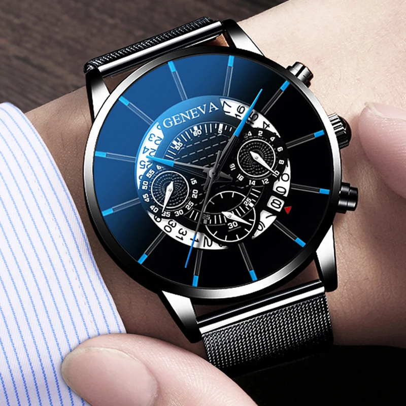 reloj hombre Mens Fashion Business Calendar Watches Blue Stainless Steel Mesh Belt Analog Quartz Wrist Watch relogio masculino