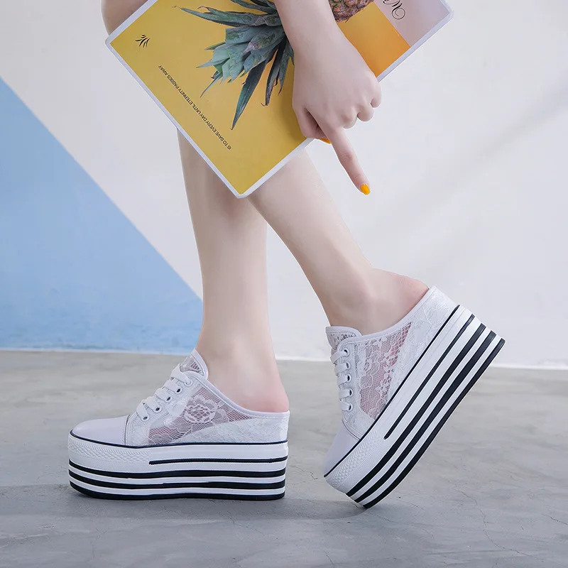 New Lace Sneakers Wedges Platform Shoes Half Slippers Mules Shoes Women Chunky Heels Casuales Black White Shoes Woman Slippers
