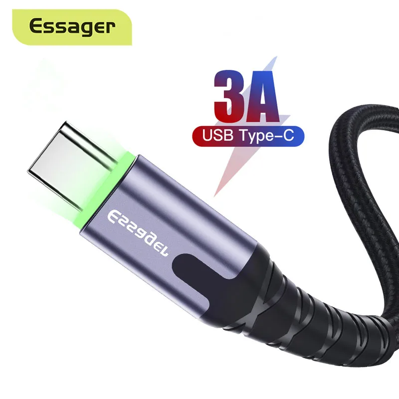 Кабель Essager USB Type C со светодиодной подсветкой для Samsung Xiaomi Oneplus кабель быстрой