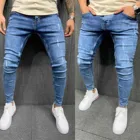 Джинсы мужские рабочие в стиле хип-хоп, винтажные штаны из денима в полоску, на молнии, с дырками, уличная одежда, узкие джинсы до колена