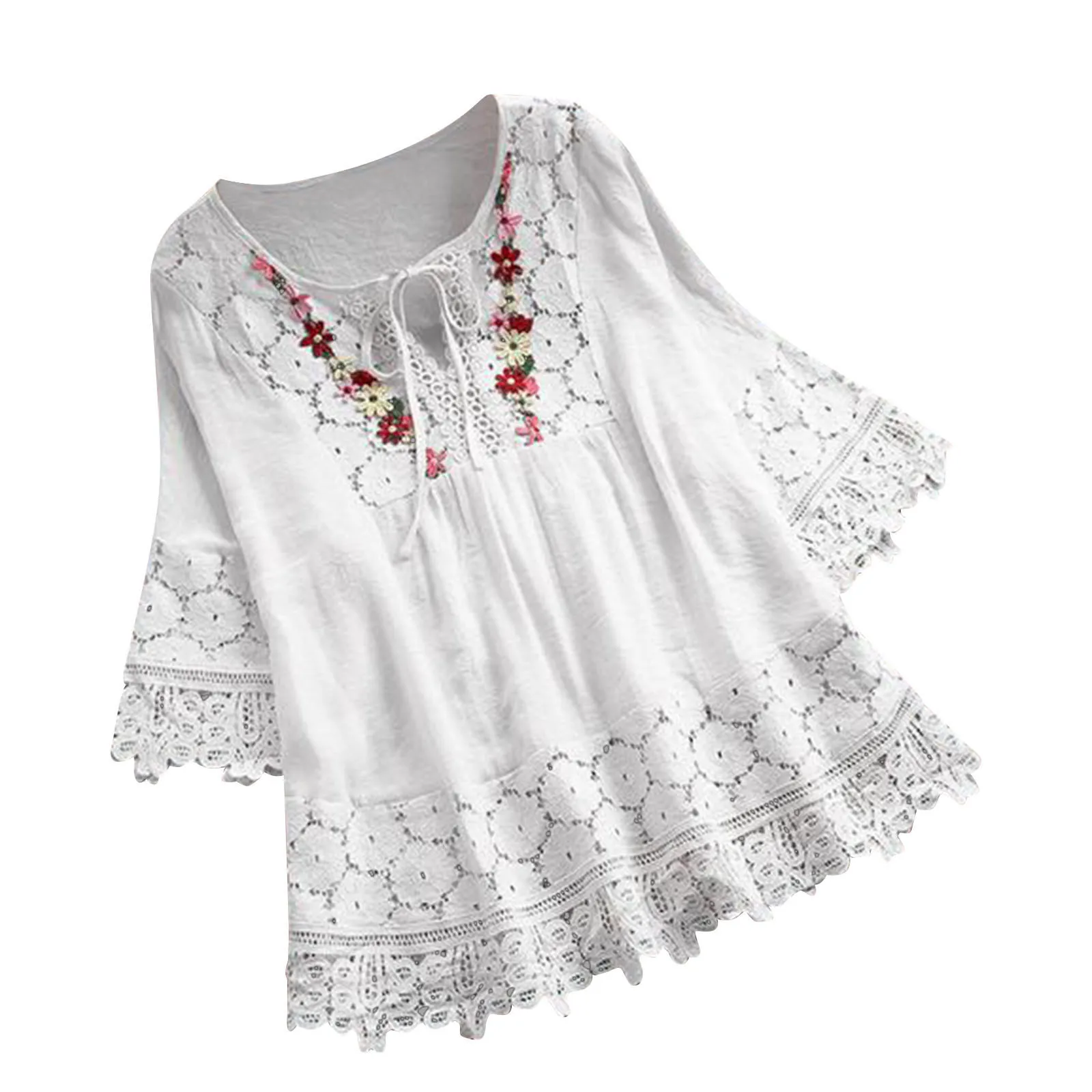 

Oversize Tops For Women 2021 Summer Vintage Lace Patchwork Bow V-neck Three Quarter Blouses Top Female Loose T-shirt#35