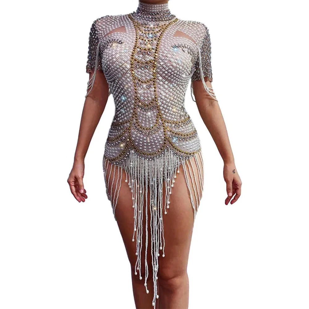 

Sparkling Rhinestones Pearls Beaded Tassel Bodysuits Net Yarn Perspective Women Jumpsuits Singer Dancer Stage Wear DS Costumes