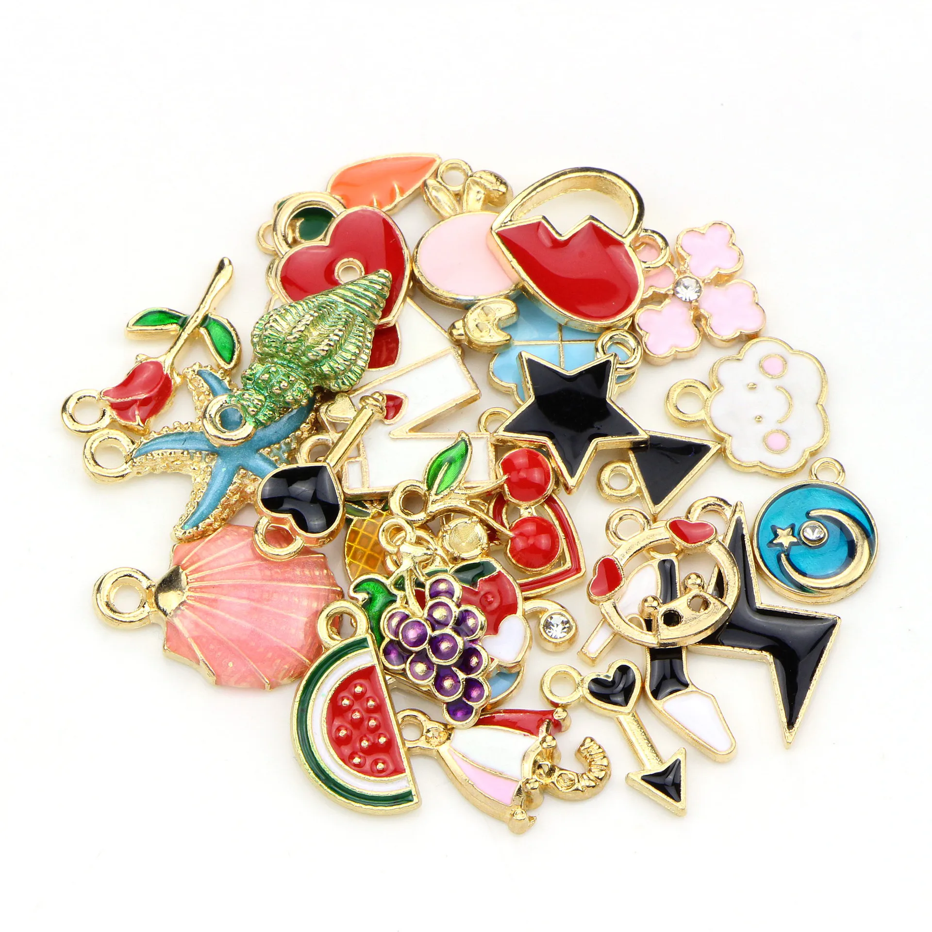 

30pcs Enamel Charms Random Mixed Fruit Shell Flowers Alloy Pendants Necklace Earrings Jewelry Making Accessory Keychain Ring