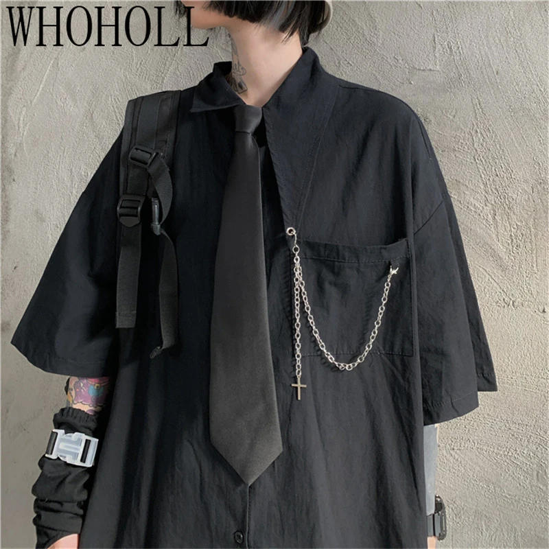 

Women's Harajuku Punk Gothic Black Blouse Tops 2020 Summer Metal Chain Pendant Loose Casual Couples Short Sleeve Top Fashion