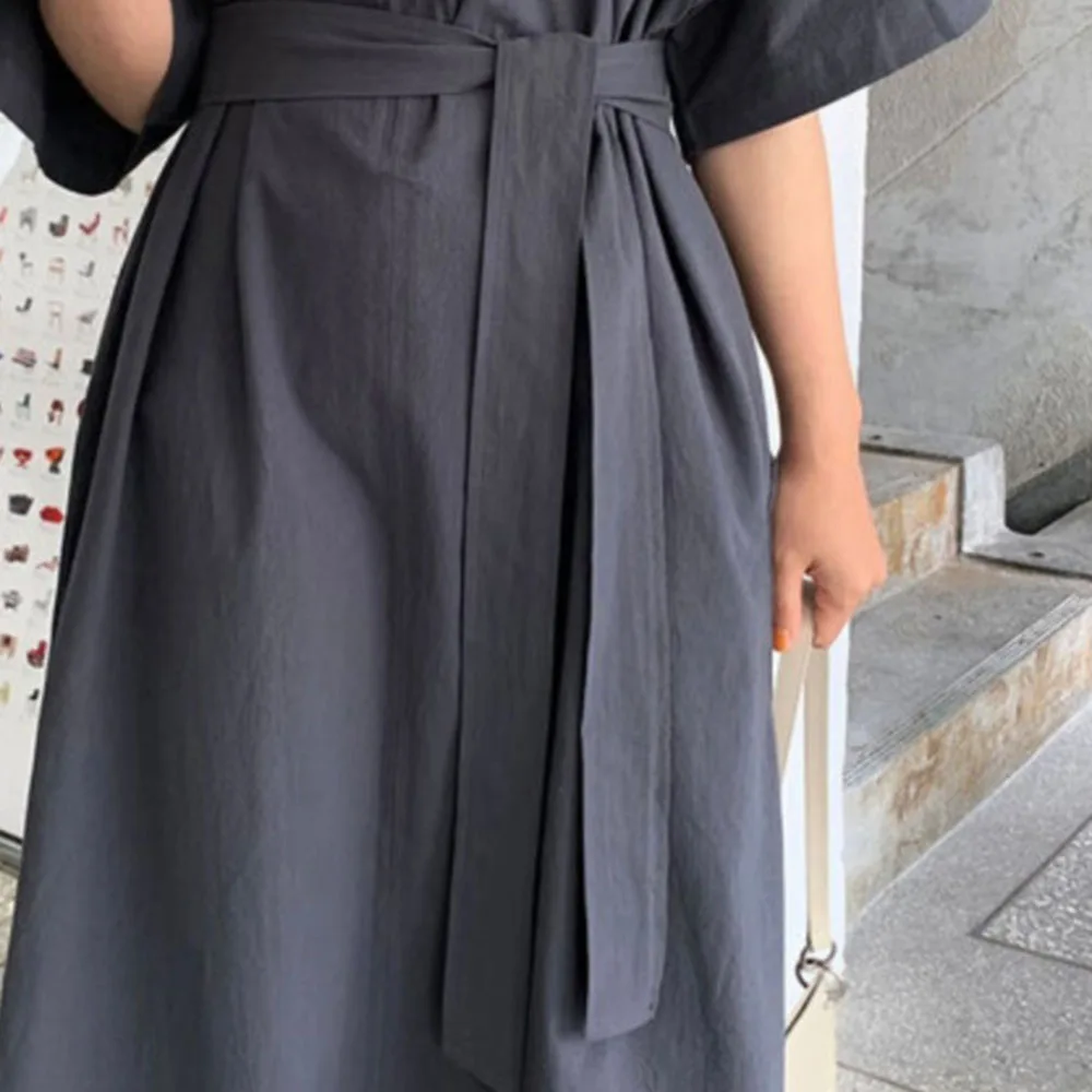 

2021 Casual Summer Belt Solid Color Lapel Zipper Long Women's Dress Japanese Style Korean Fashion Simplicity Temperament