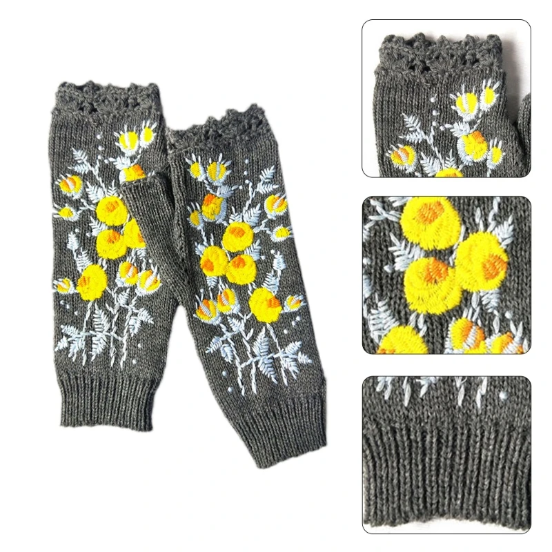 

Women Autumn Knitted Lengthen Wrist Fingerless Gloves Sweet Small Yellow Floral Embroidery Thumbhole Mittens Arm Warmers