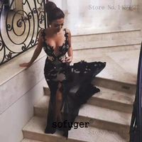 black sexy v neck backless mermaid evening dresses prom long court train arabic special occasion robe de soiree plus
