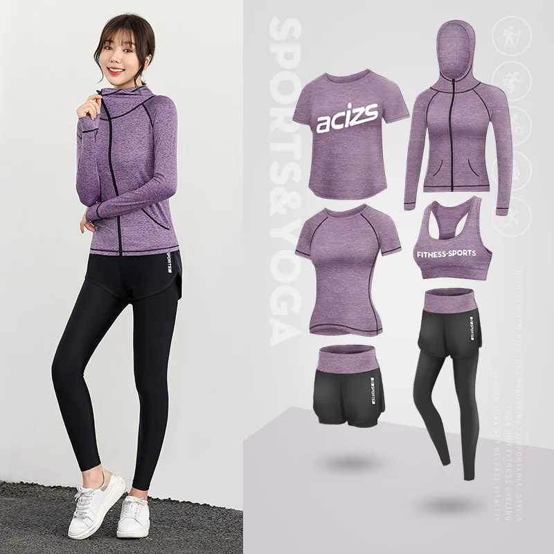 

Luren Six-piece Set High Waist Running Sports Suit Yoga Clothes Gym Jogging Vest Shorts Bralette Bodysuit Women Clothing