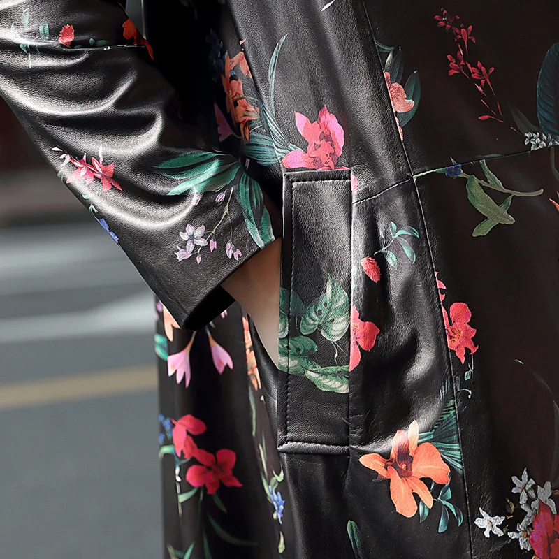 

2020 autumn and winter fashion high-end color sheep skin windbreaker women's long loose leather down jacket