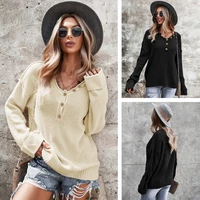 womens deep v neck single breasted sweater loose casual solid color oversized knitted sweater pullover spring and autumn