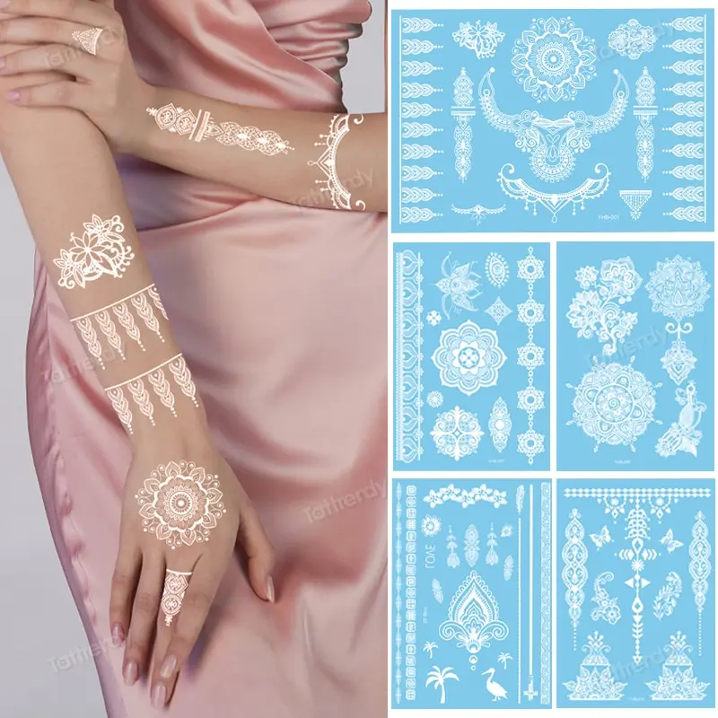 

temporary tattoo sticker for women sexy Mandala henna white bride wedding bracelet Jewelry lace tatoo hand body sexy mujer