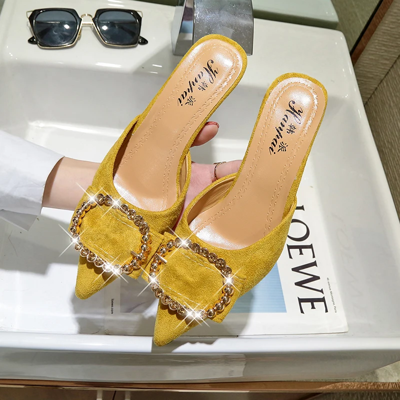 Мюли женские летние на высоком каблуке заостренный носок странный стиль Уличная