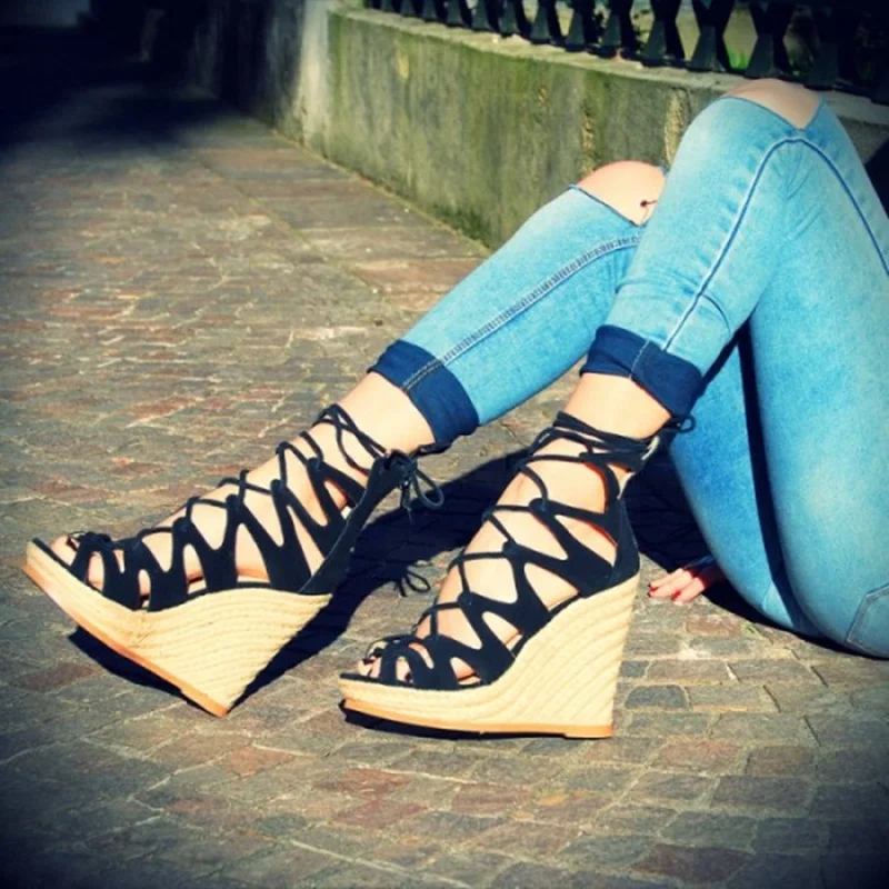 

Sexy Black Suede Lace Up Wedge Espadrille Sandals Peep Toe Cutouts Hollow Braid Weave Platform Summer Dress Shoes