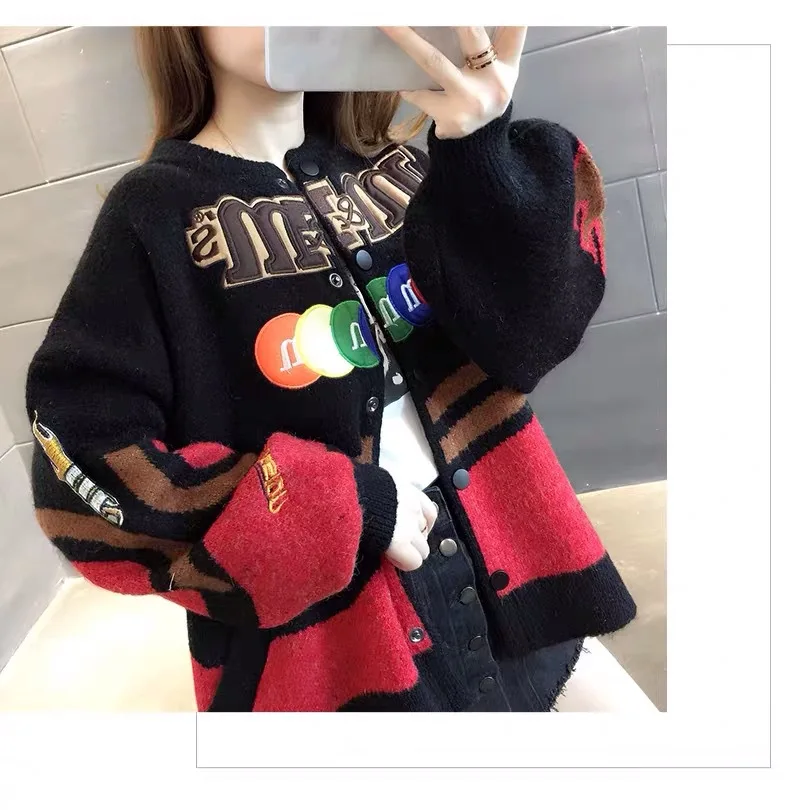 

SSEURAT Autumn Winter Knitted Female Cardigan Loose Streetwear Knit Sweater Cartoon Print O Neck knitted cardigan Women Jacket