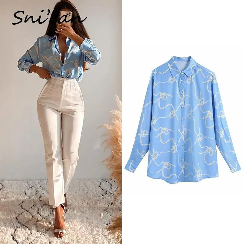 Blue Chain Office Ladies Blouse Fashion Summer basic Satin Shirts Oversized Za Women Tops Blusas Feminina Sobrecamisa Mujer New