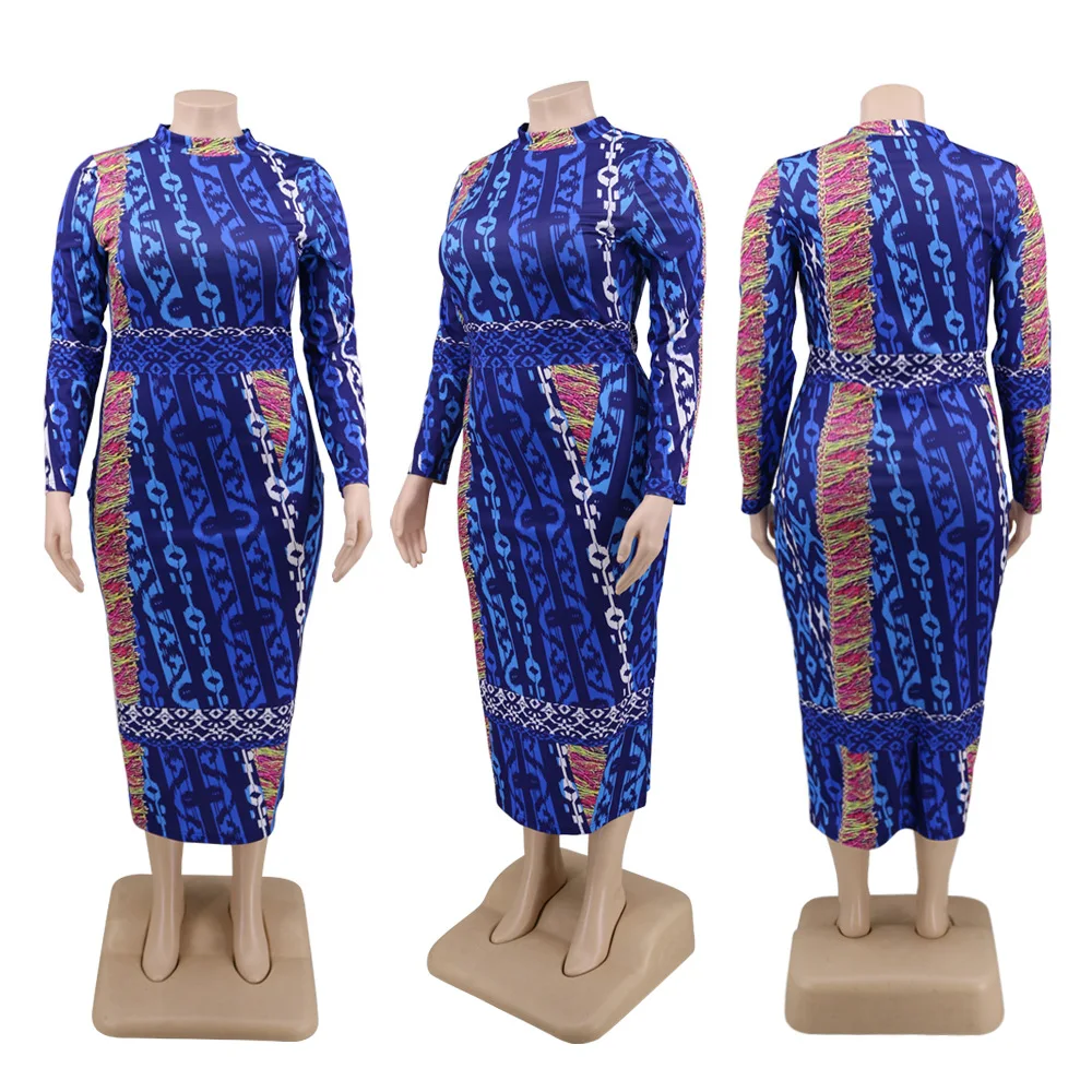 

2021 Spring Elegant Women Printing Party Dress Big Size Fashion Lady Crew-neck Long Sleeves Bodycon Mid-Calf Dresses XL--5XL