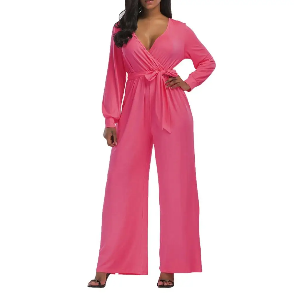 Комбинезон женский стрейчевый однотонный с длинным рукавом и V образным вырезом|