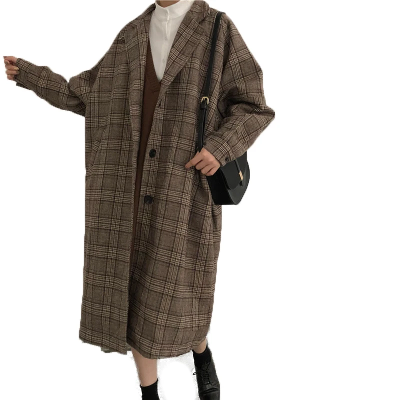 Женское шерстяное клетчатое пальто Свободное длинное Зимняя шерстяная куртка