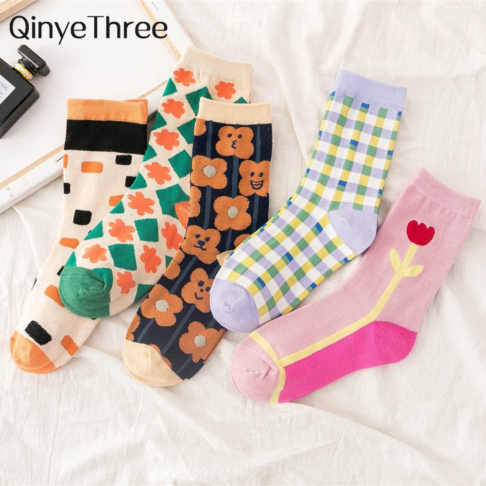 

INS New Mori Girl Style Cute Morocco Lattice Floret Stripe Lingge Dots Expression Checkered Funny Soft Tube Socks Preppy Style