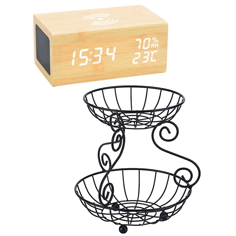 

1 Pcs Wood Digital Alarm Clock Bluetooth Speaker & 1 Pcs 2 Tier Fruit Basket Vintage Style Storage Basket