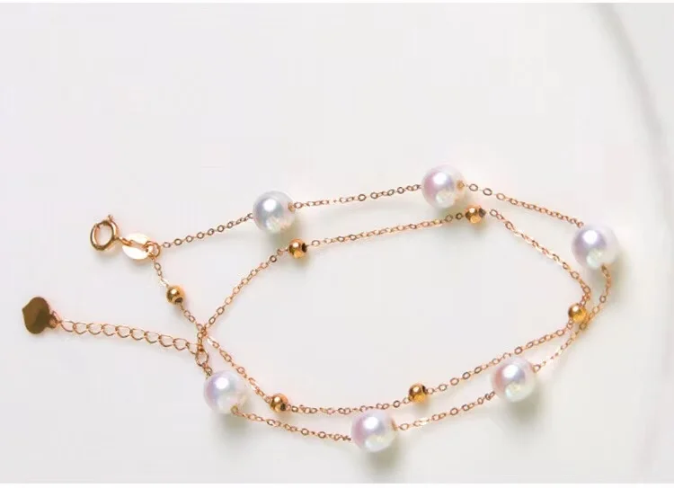 18K Solid Yellow Real Gold Jewelry (AU750) Women Single Grain Pearl Bracelet Chain Natural Sea Pearl Beads  Fashion Lady