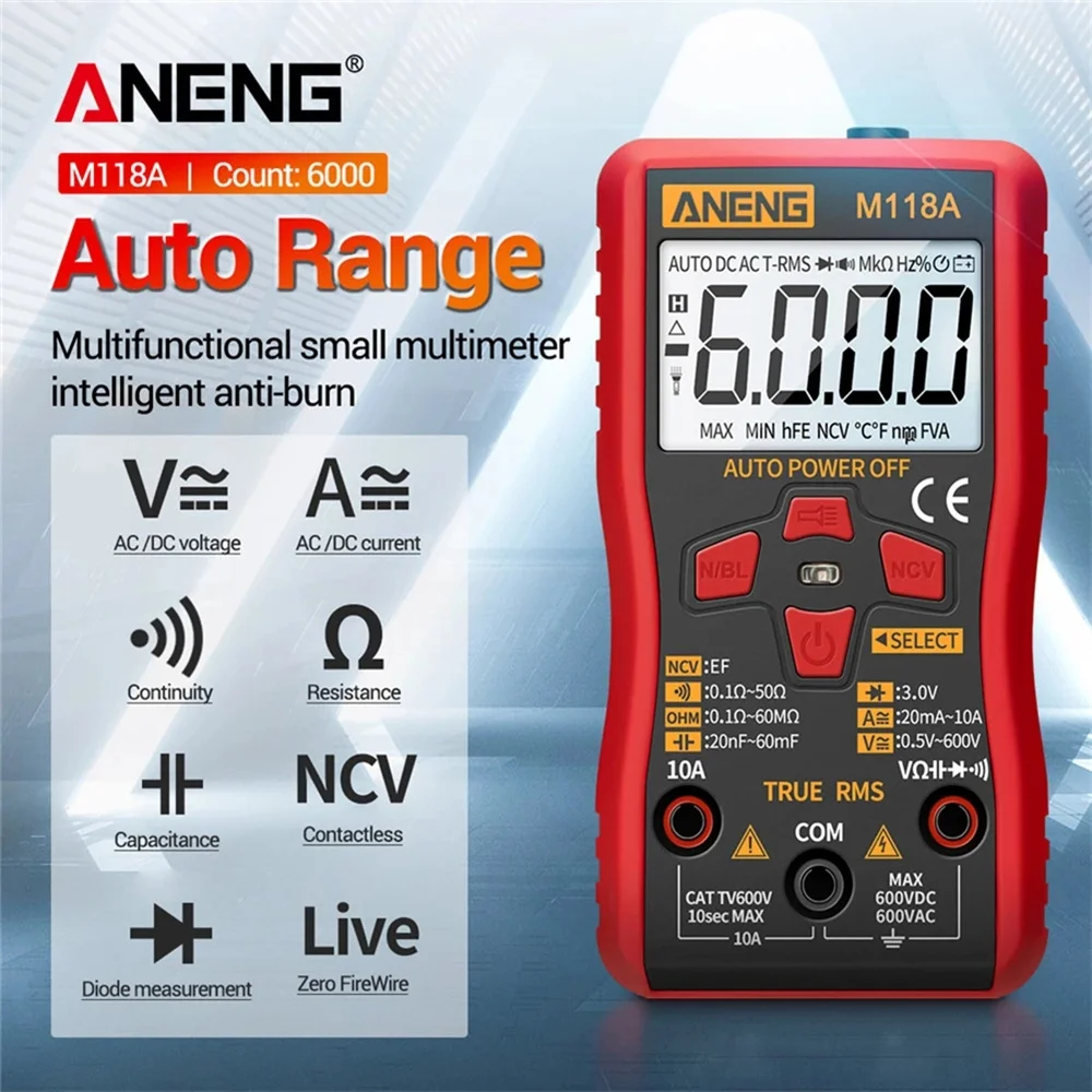 

1PC Digital Multimeter Auto-Ranging Digital Voltage Tester 6000 Counts Non-Contact Voltmeter Fast Accurate Measure AC DC Ammeter