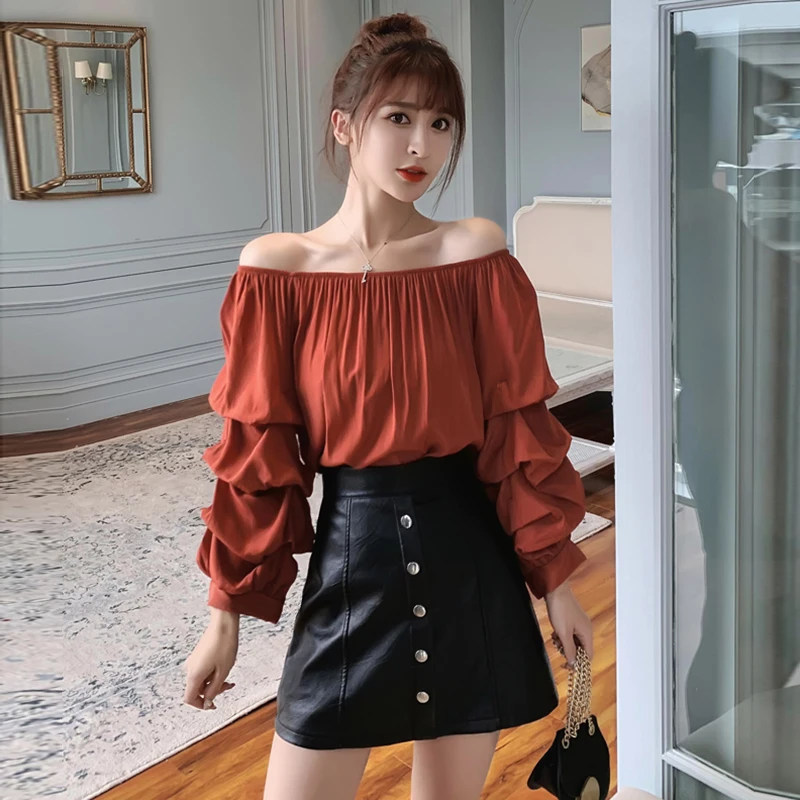 

Spring Autumn Women's Lantern Sleeve Chiffon Shirt Top Korean Slash Neck Shirt Sexy Solid Color Long Sleeve Shirt Top GD419