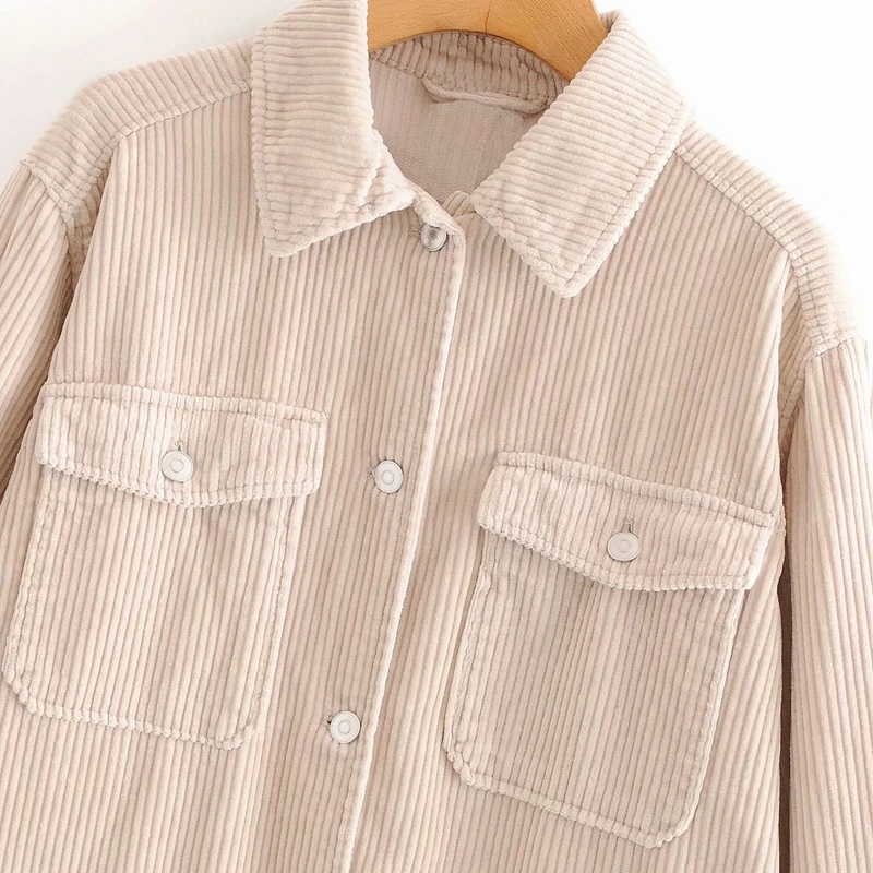 

YOSIBCD Women 2021 Fashion With Pockets Loose Corduroy Jacket Coat Vintage Lapel Collar Long Sleeve Female Outerwear Chic Tops