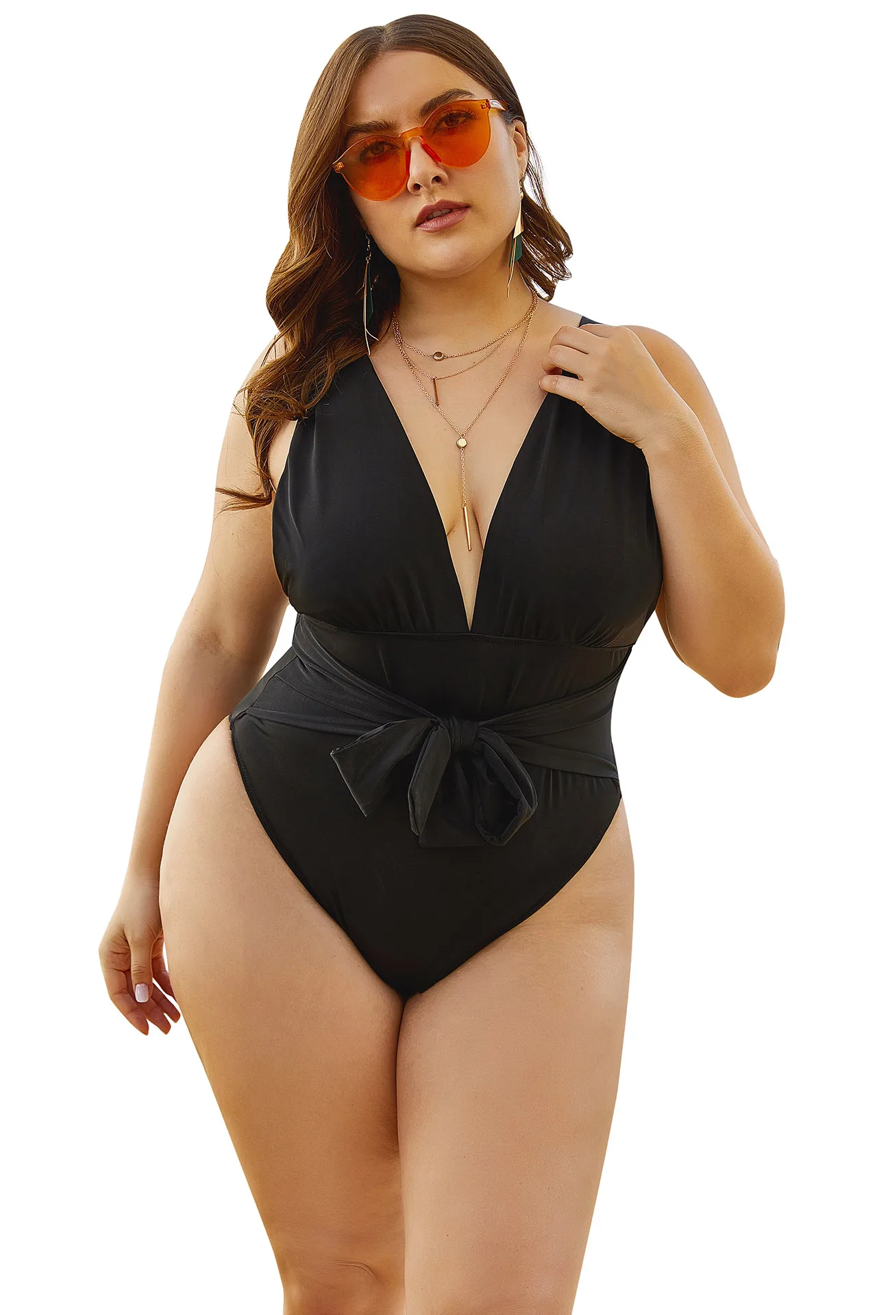 

Black Sexy Deep V One-Body Swimsuit Bikini,Plus Size Sexy Swimsuit