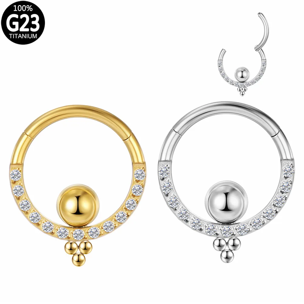 

G23 Titanium Nose Septum Ring Hoop Balls Zircon Stone Hinged Segment Ear Cartilage Helix Circle Earrings Body Piercing Jewelry