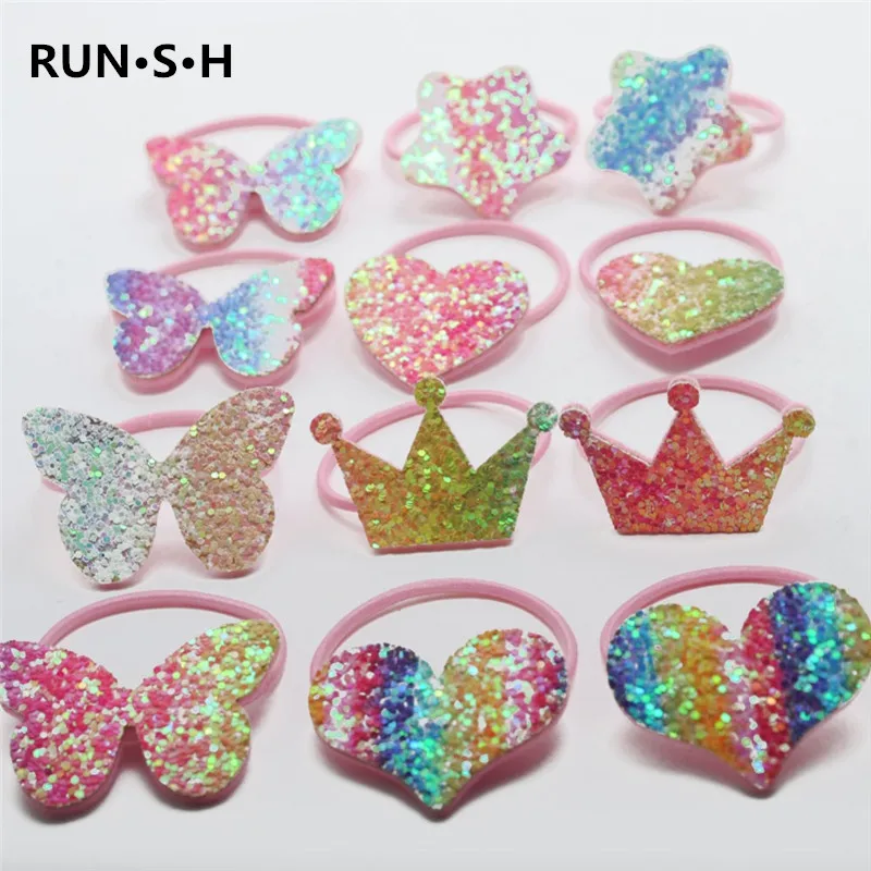 4Pcs New Girls Mickey Hair Scrunchies Rainbow Crown Elastic Bands Heart Accessories Fashion Gift for Birthday Party | Детская одежда и