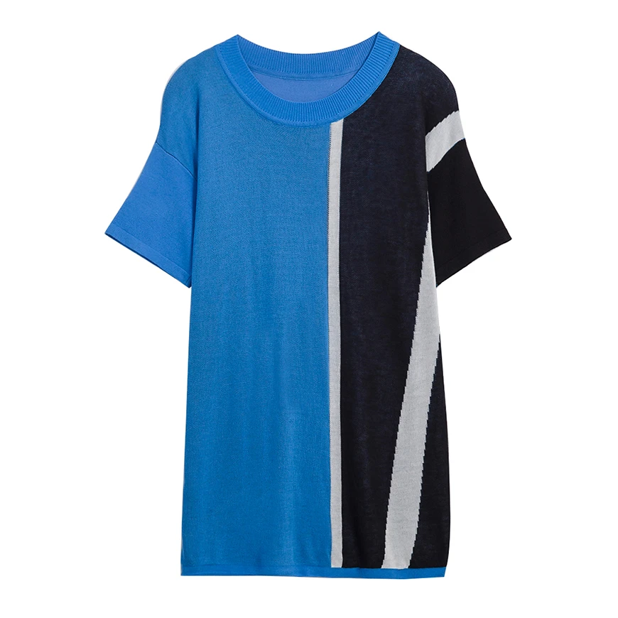 

Plus Size Patchwork Knitted Tops T Shirts For Women 2020 Summer Vogue Loose Short Sleeve Korean T-shirts Femme Oversize Knitwear