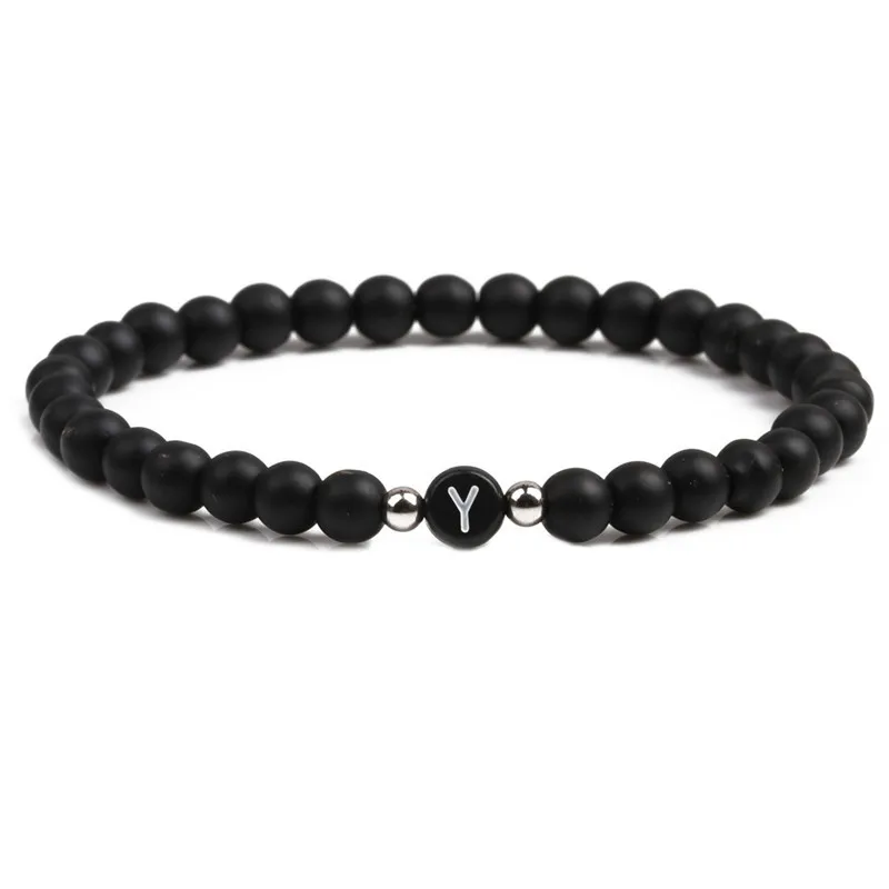 

2020 New Trendy 6mm Matte Black stone bead Bracelets Bangle 26 letters Bracelet for Men&Women charm DIY Popular Jewelry Creative
