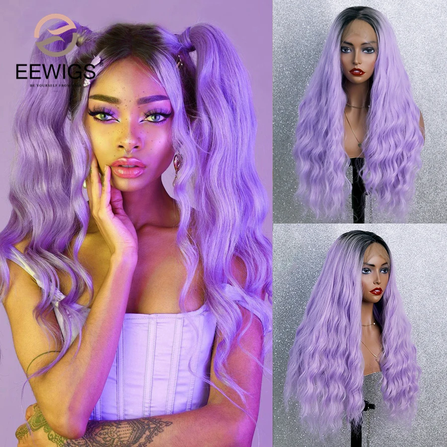 

Heat Resistant Synthetic Lace Front Wig Loose Wave Cosplay Wig 26" Neon Green Pink Ash Purple Ombre Wigs for Black Women EEWIGS