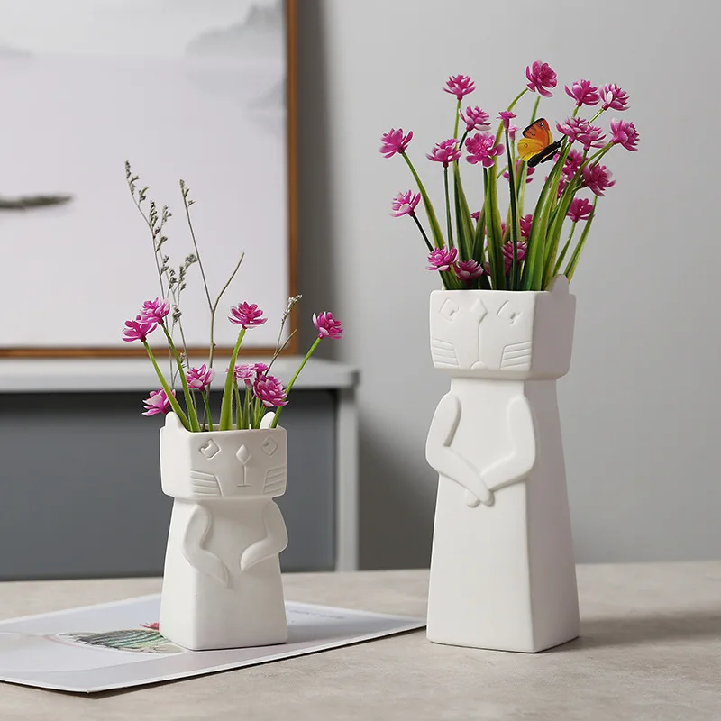 

Nordic Cat Flower Vase Creative Handmade White Ceramic Hydroponic Plant Pot Home Decoration Kawaii Arrangement Table Centerpiece